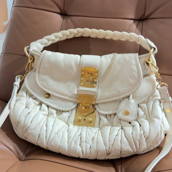 Miu Miu Matelassé Coffer Bag – White Leather, Gold Hardware, Braided Handle, Vin - Picture 3 of 4